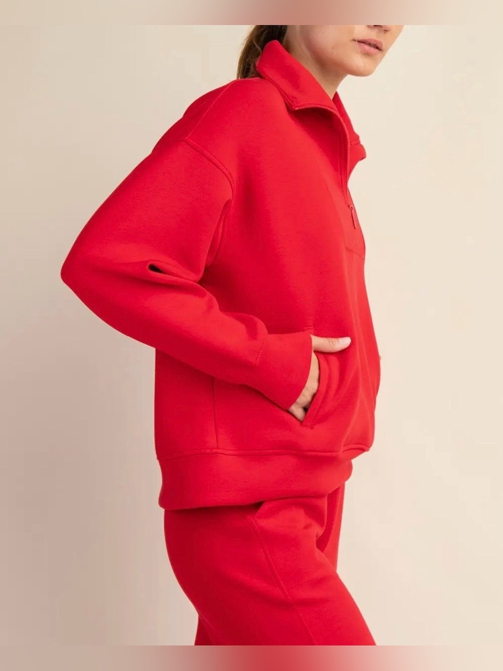Modal Mock Neck Red Half-Zip Pullover Sweatshirt - Picture 3 of 3